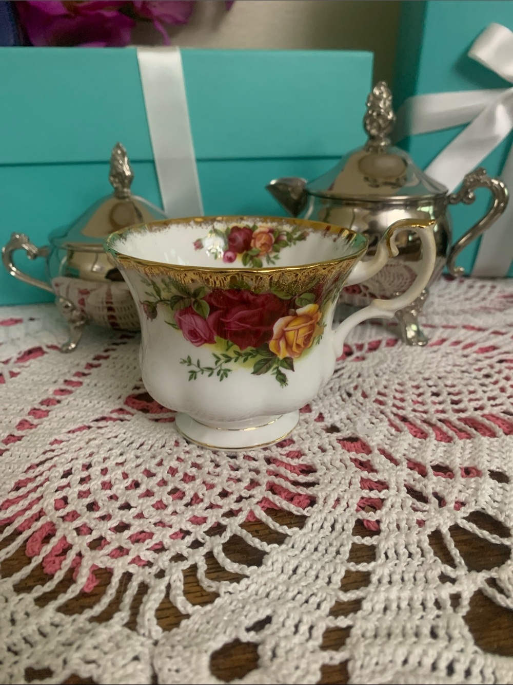Royal Albert Rose-Pattern Bone China Teacup with Gold Trim